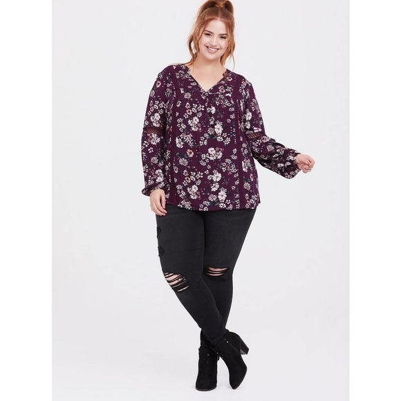 Torrid Floral Relaxed Lace Challis Tunic Blouse Purple Top Plus Size 3 3X H14847 - Picture 3 of 13
